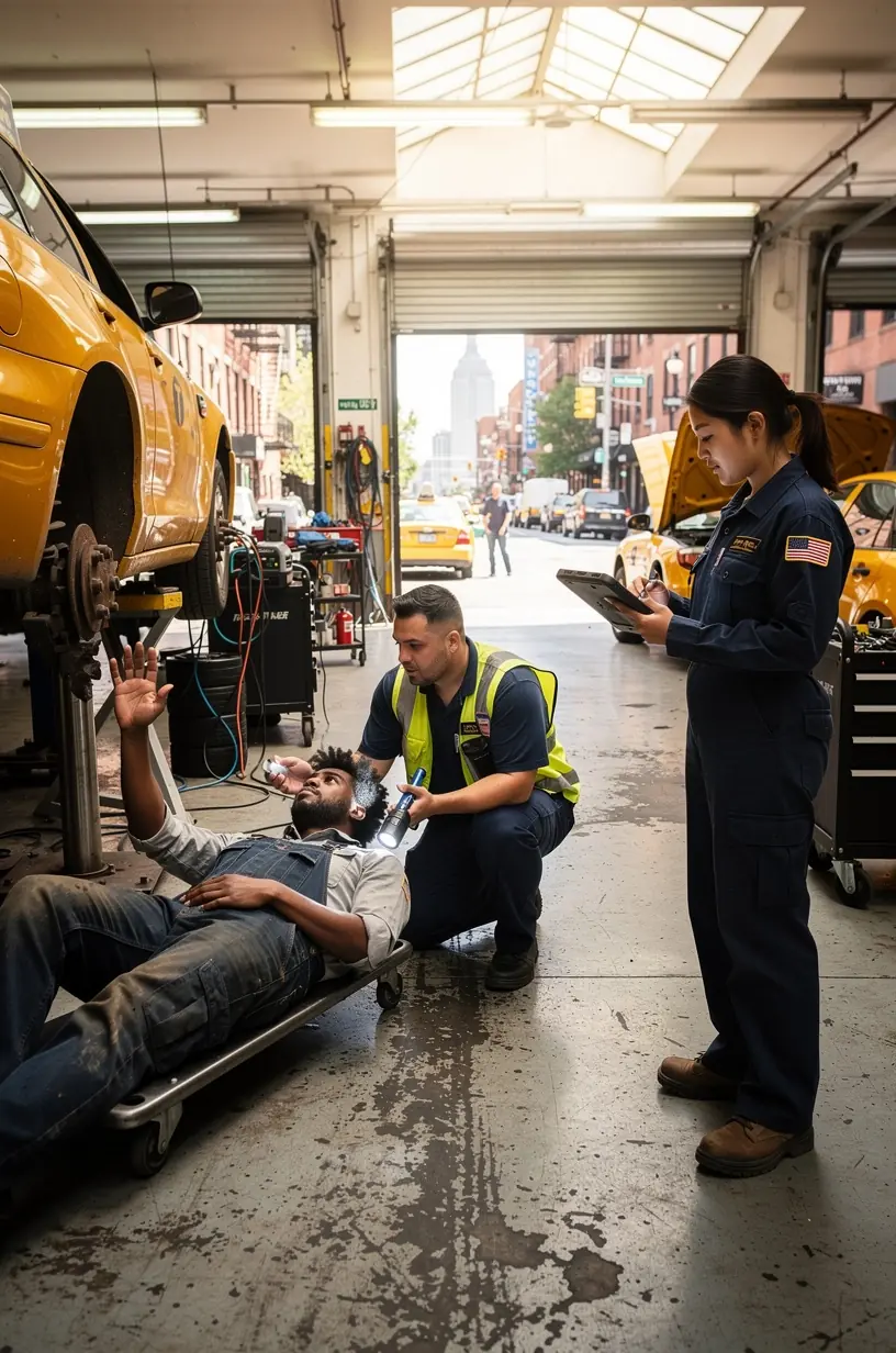 Technicians performing routine maintenance on a fleet of delivery vans and taxis in a New York garage to ensure reliable commercial transportation services